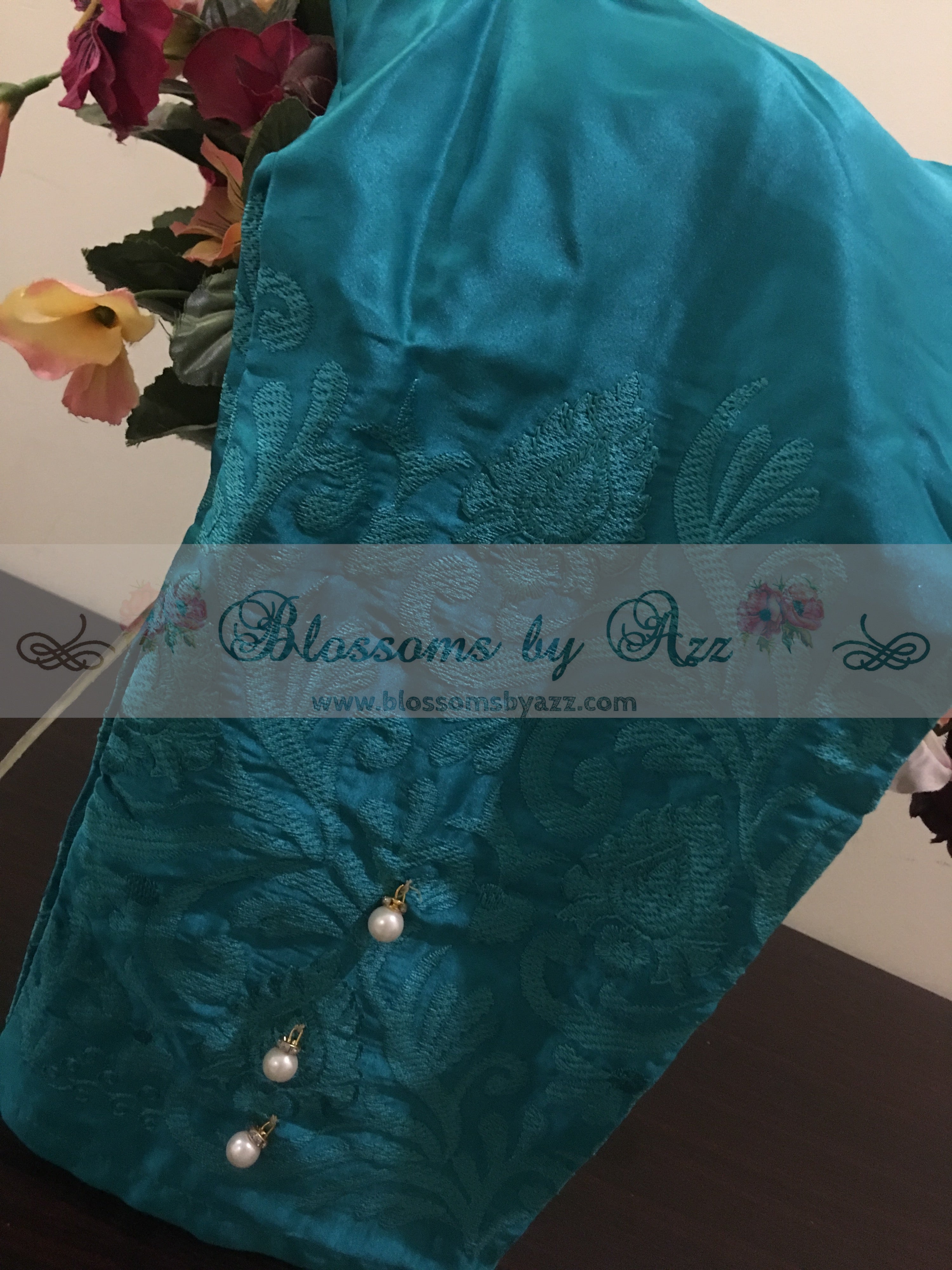 Silk Embroidered Pants - Aqua Green - Blossoms by Azz