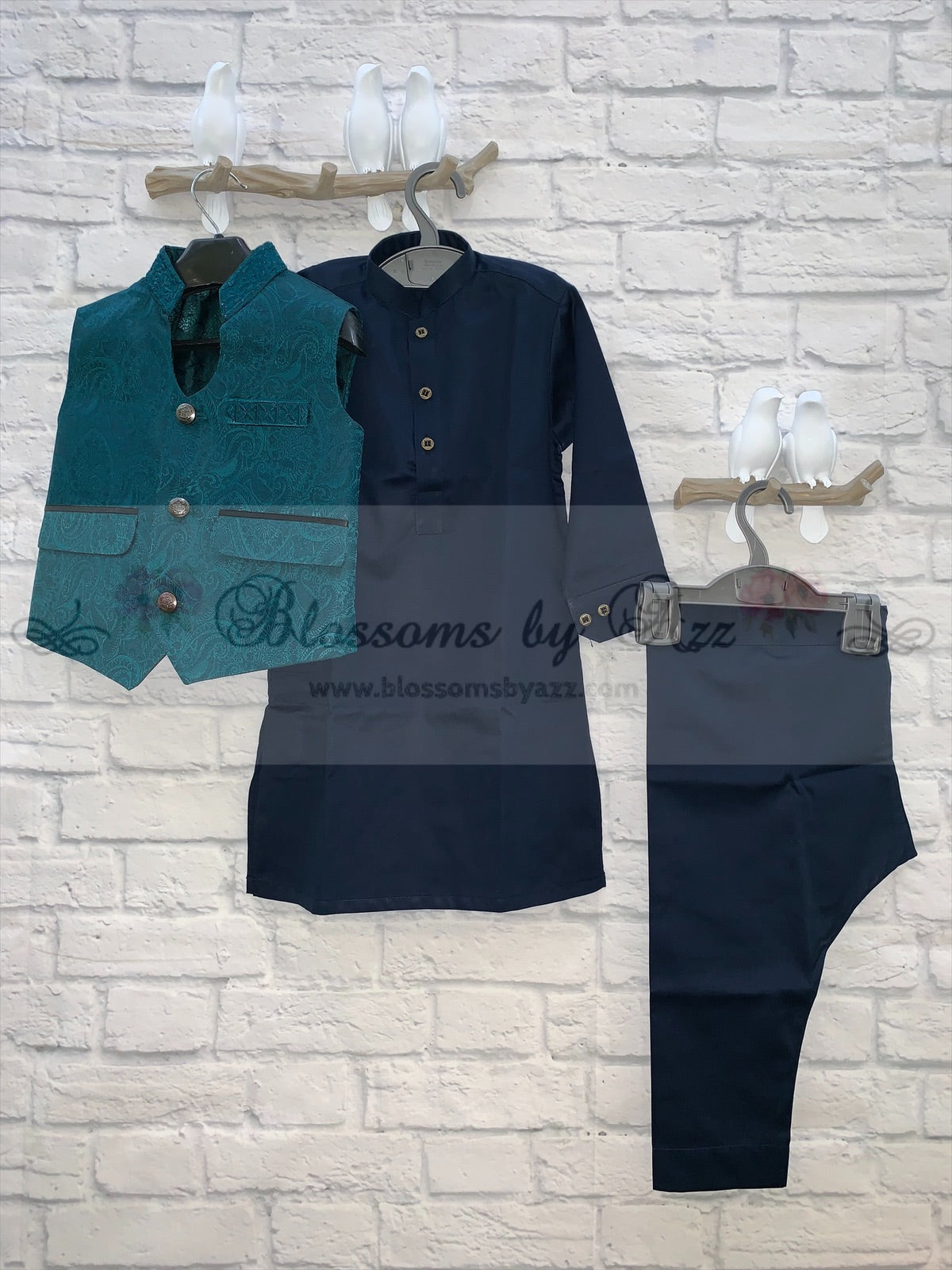 Gents & kids Jamawar Waistcoat and Kurta Pajama Suit - Blossoms by Azz