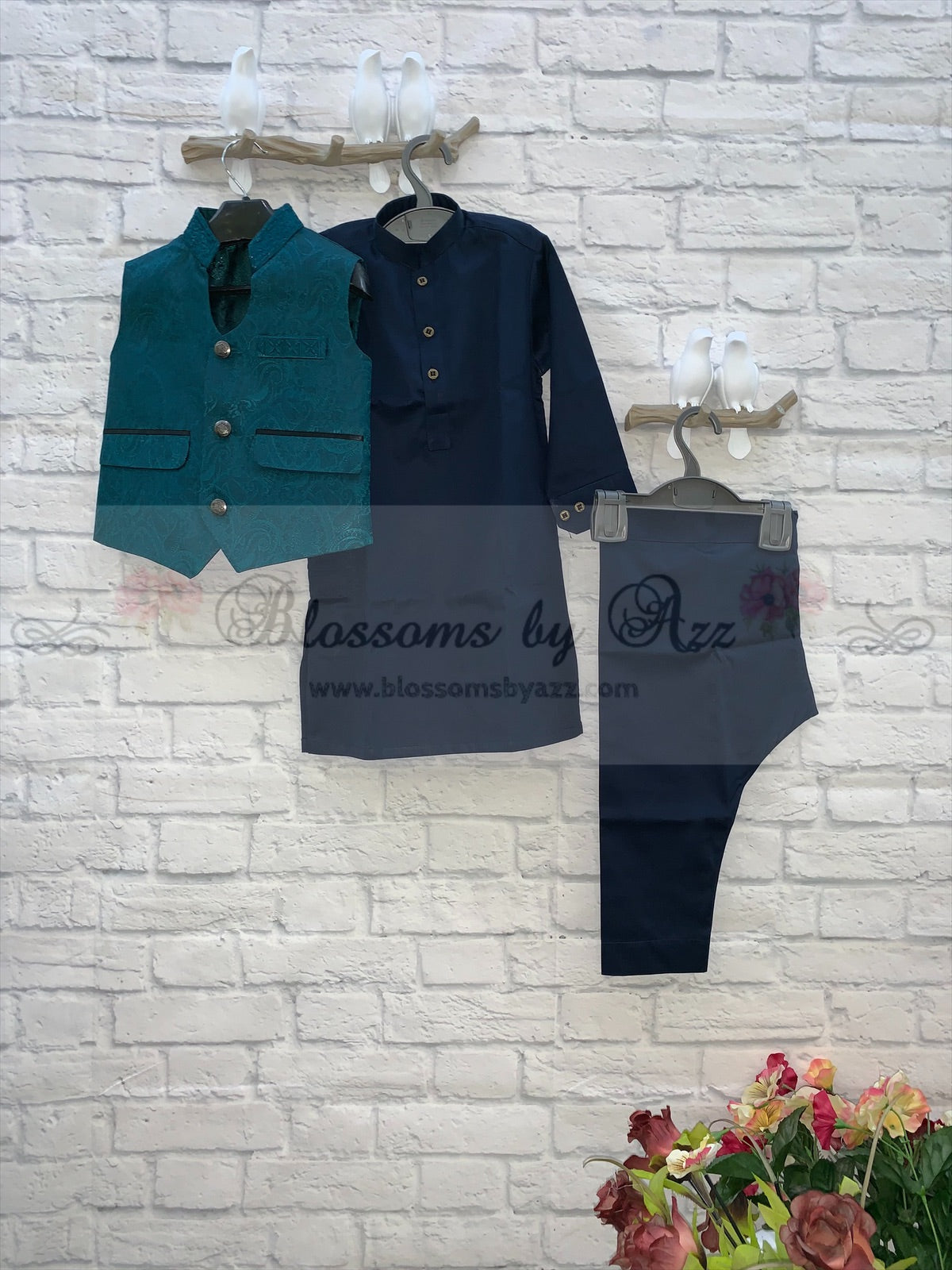 Gents & kids Jamawar Waistcoat and Kurta Pajama Suit - Blossoms by Azz