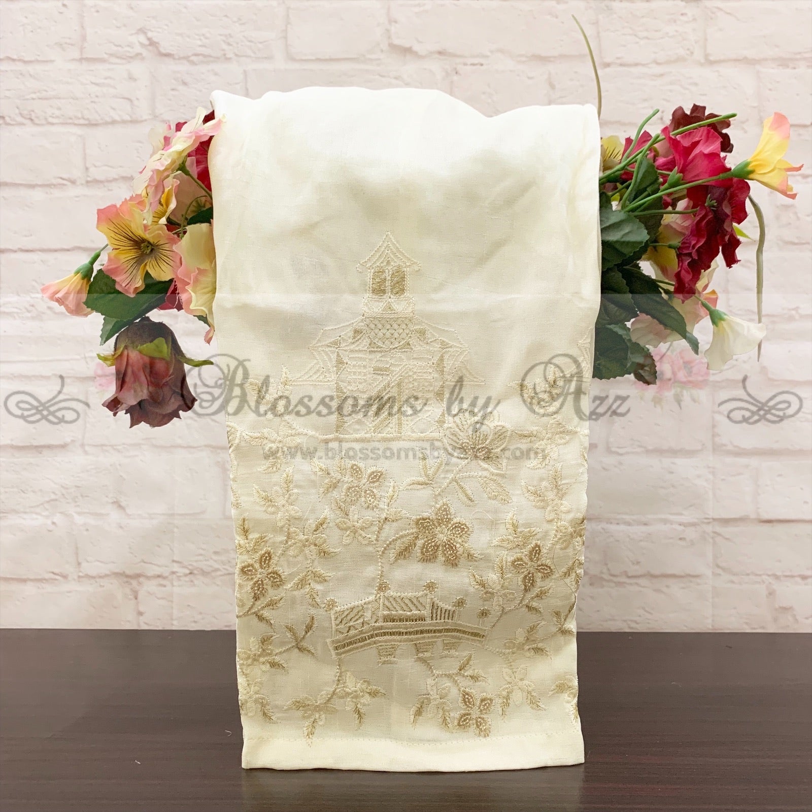 Straight Pants - Off White - Embroidered Silk - Blossoms by Azz