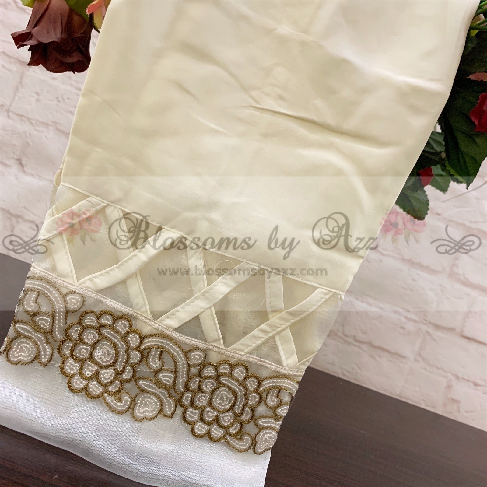 Straight Pants - Cream - Embroidered Silk - Blossoms by Azz