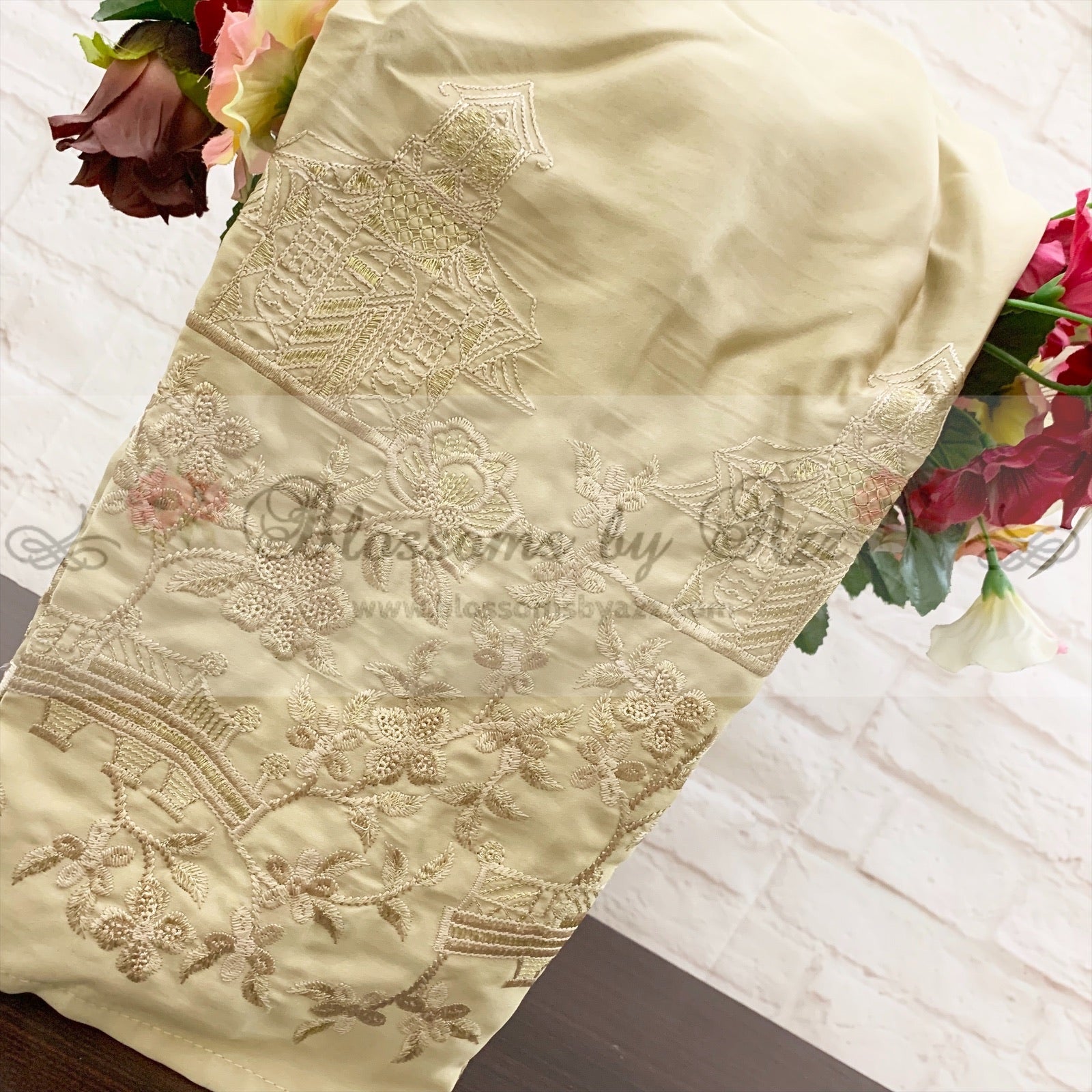 Straight Pants - Golden- Embroidered Silk - Blossoms by Azz