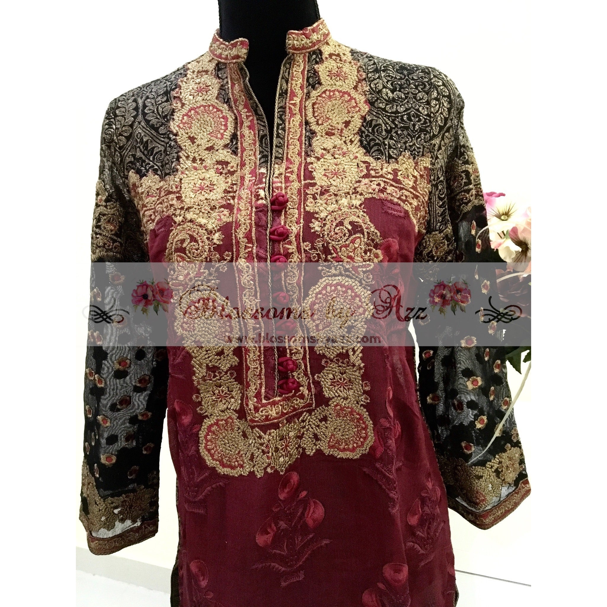 Maroon And Black Embroidered Kurta - Blossoms by Azz