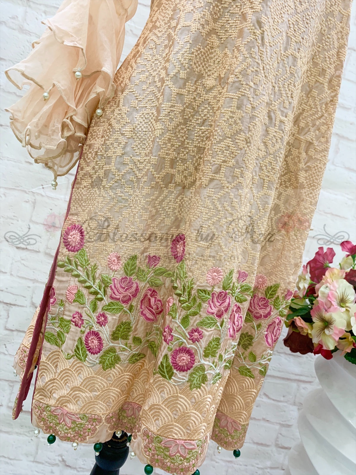 Peach Silk Cross Stitch Embroidered Shirt - Blossoms by Azz