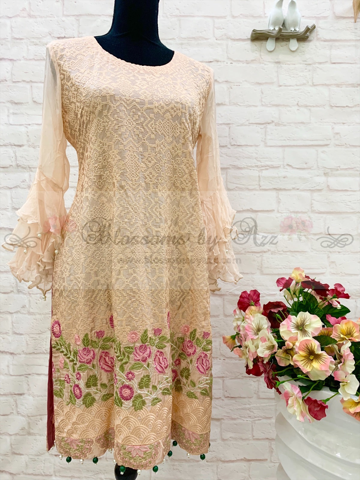 Peach Silk Cross Stitch Embroidered Shirt - Blossoms by Azz