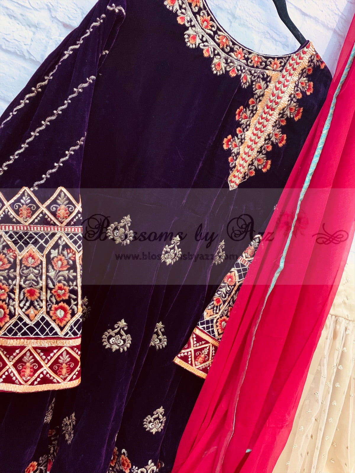 Embroidered Velvet Peplum with Gharara Outfit - Blossoms by Azz