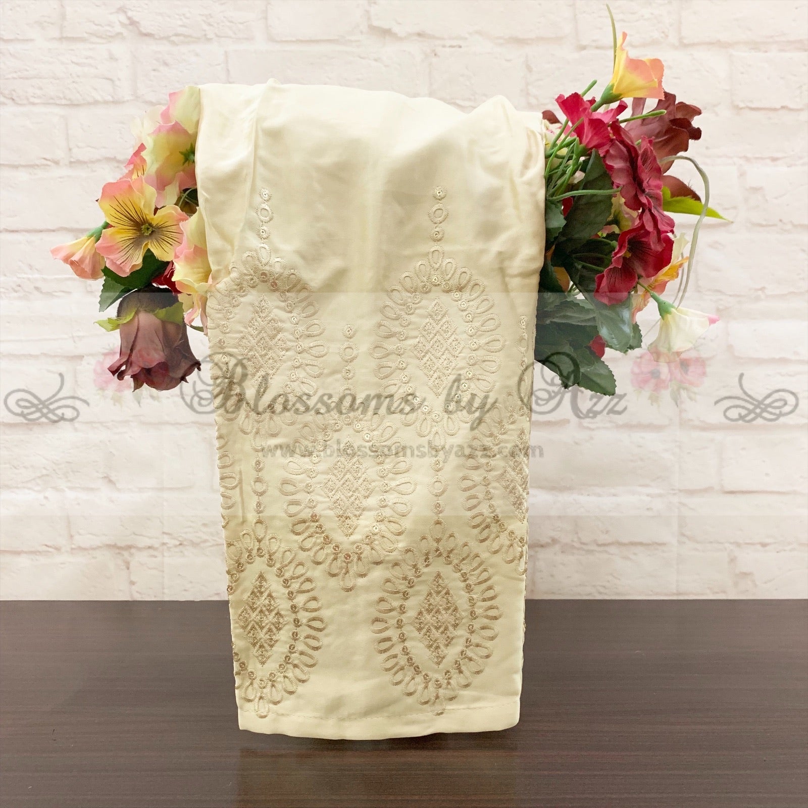 Straight Pants - Golden- Embroidered Silk - Blossoms by Azz