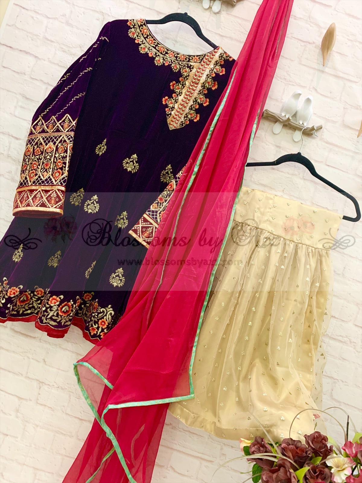 Embroidered Velvet Peplum with Gharara Outfit - Blossoms by Azz