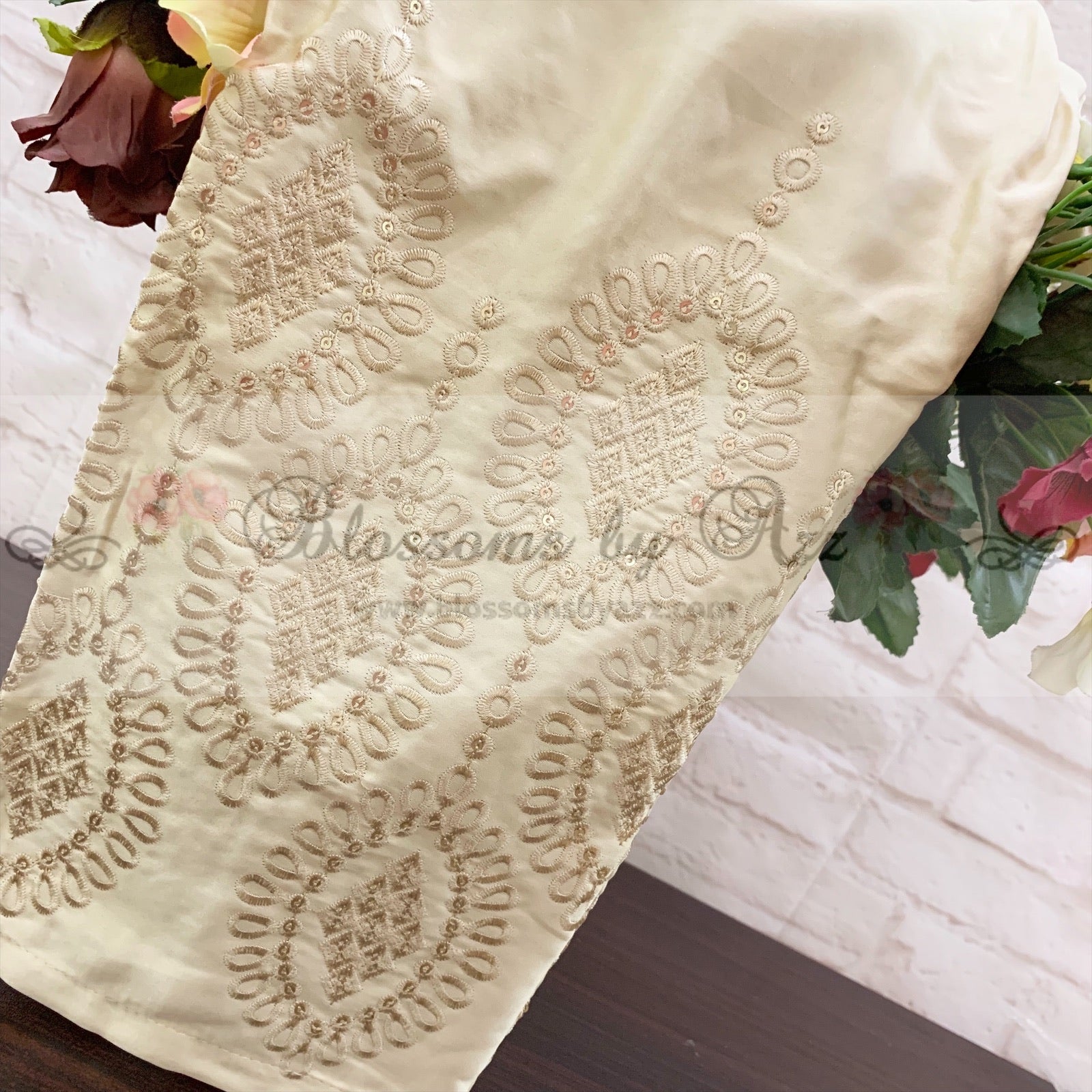 Straight Pants - Golden- Embroidered Silk - Blossoms by Azz