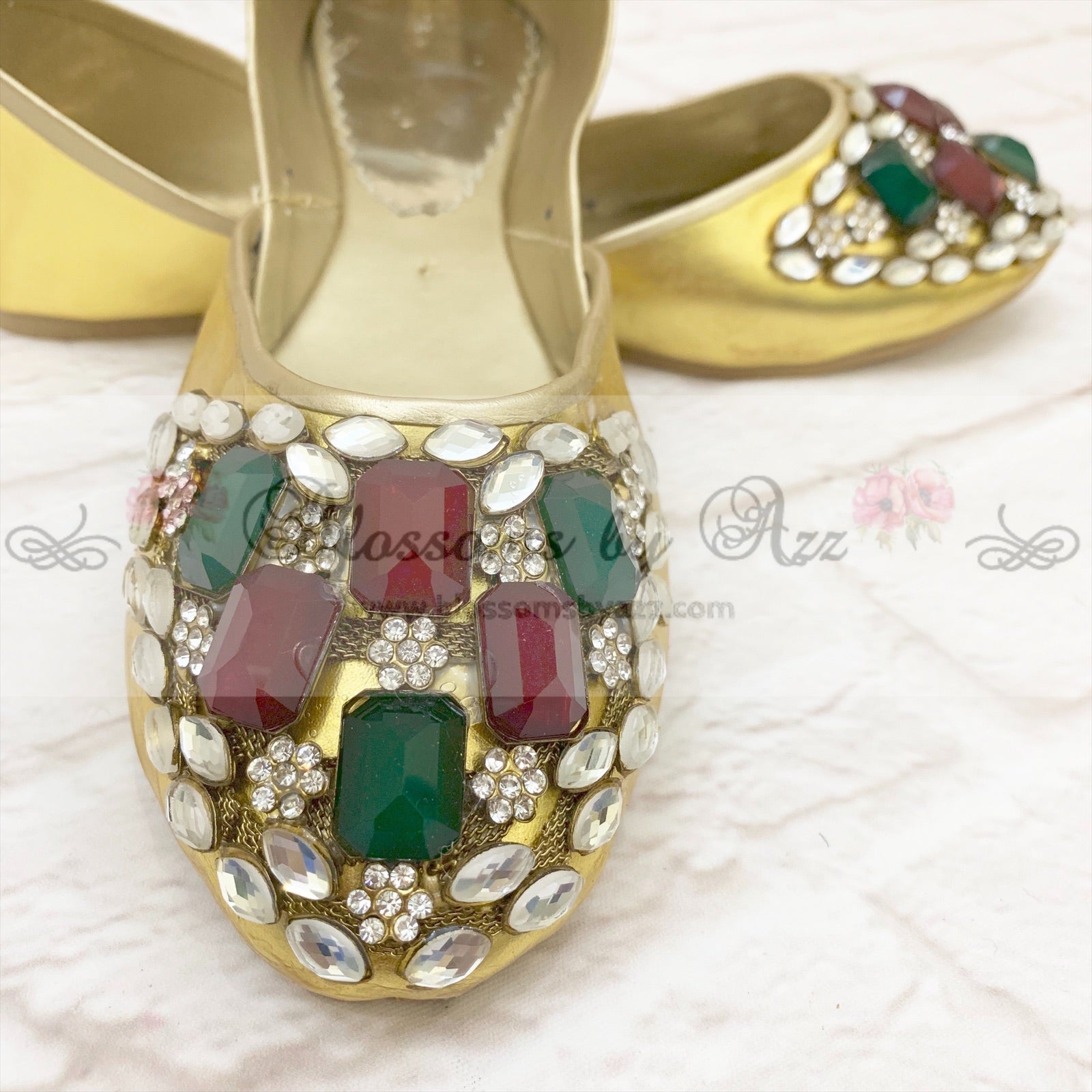 Stone Pumps (Khussa) - 001- Red & Green - Blossoms by Azz