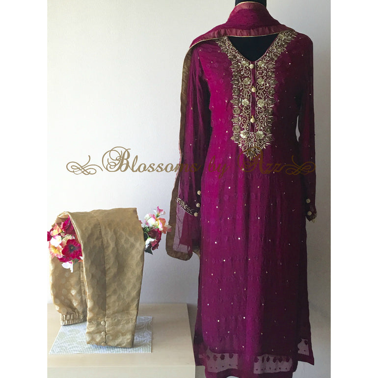 Maroon & Gold Pure Chiffon Outfit - Blossoms by Azz