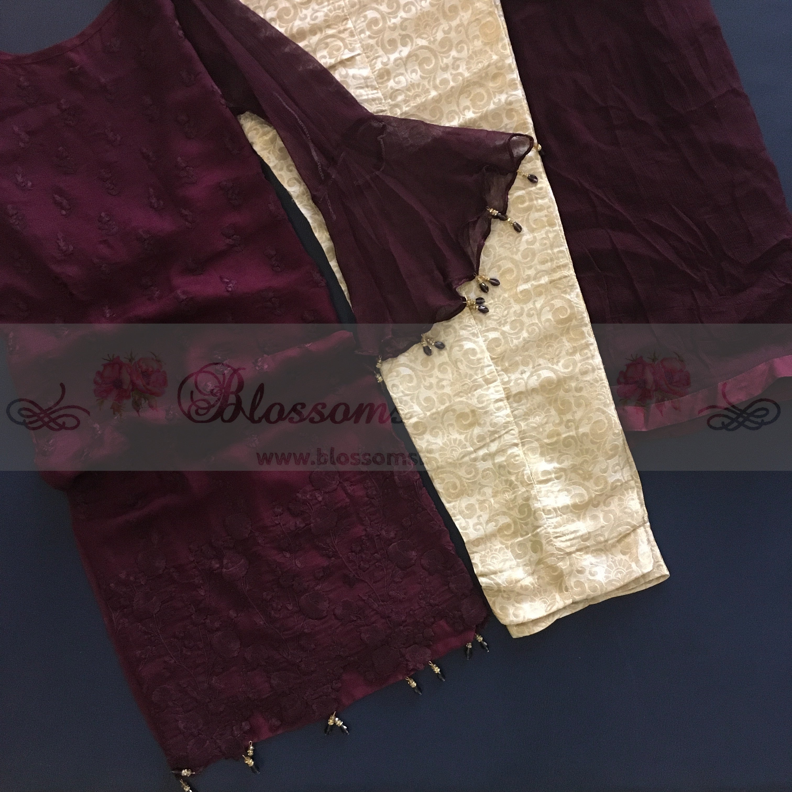 Dark Purple Organza Suit with Jamawar Pants - Blossoms by Azz
