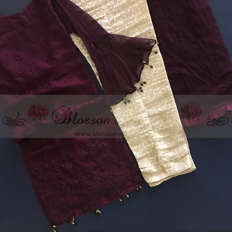 Dark Purple Organza Suit with Jamawar Pants - Blossoms by Azz