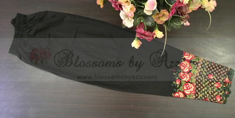 Black Floral Embroidered Cotton Pants - Blossoms by Azz