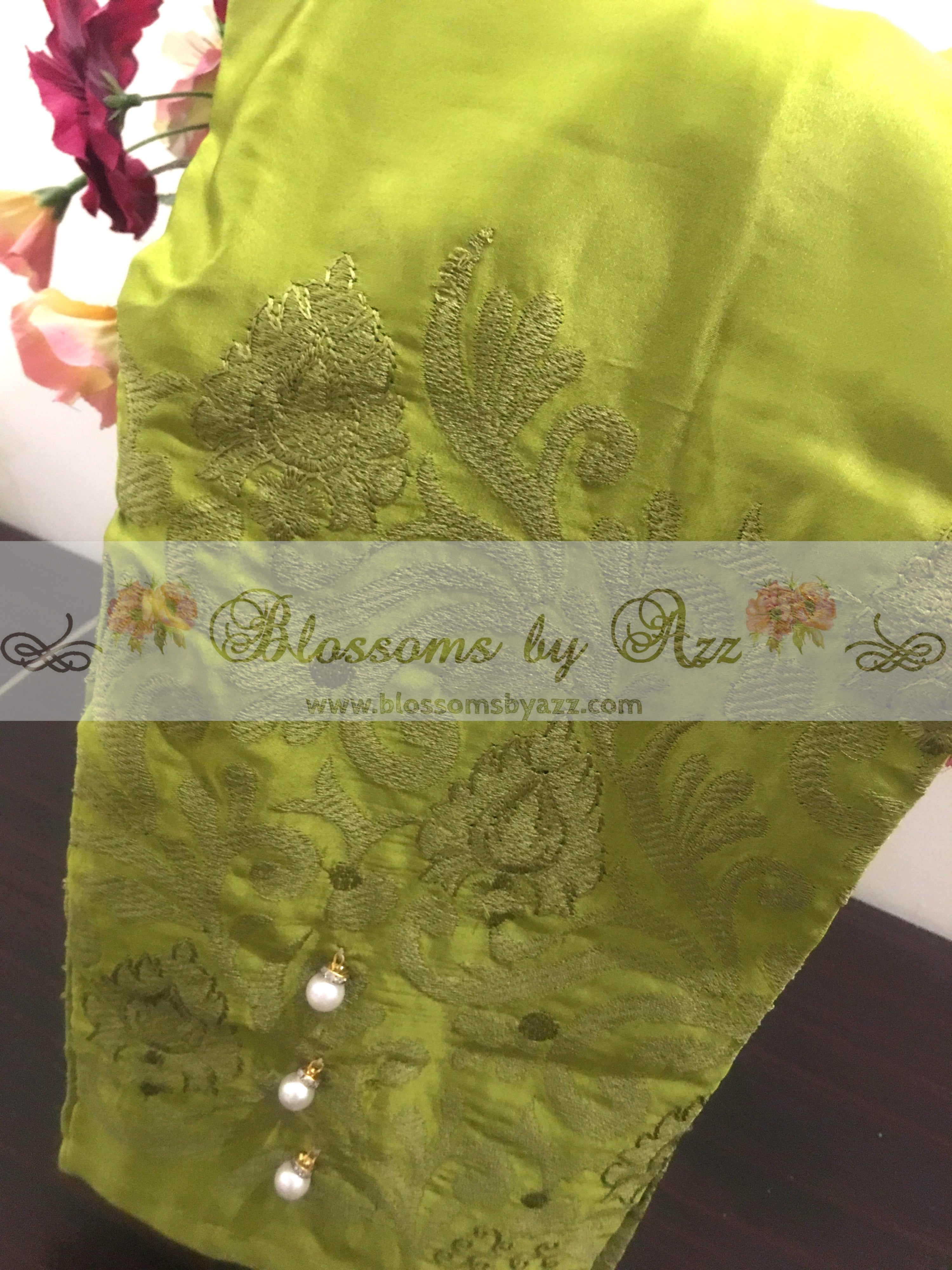 Silk Embroidered Pants - Parrot Green - Blossoms by Azz