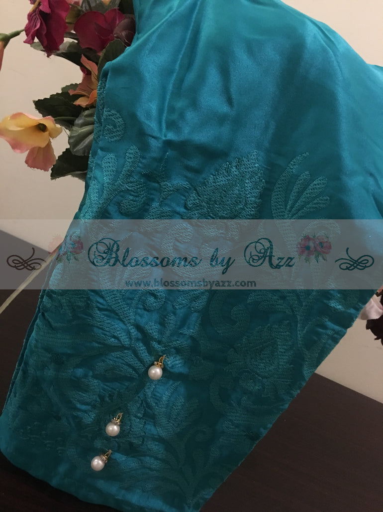 Silk Embroidered Pants - Aqua Green - Blossoms by Azz
