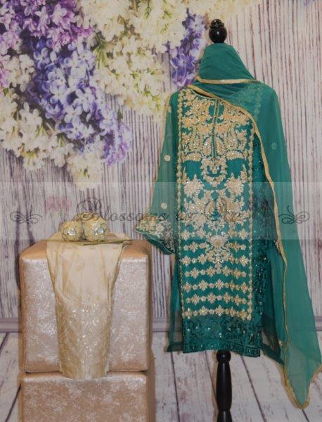 Agha Noor Shirt with Chiffon Dupatta & Straight Pants - Green - Blossoms by Azz
