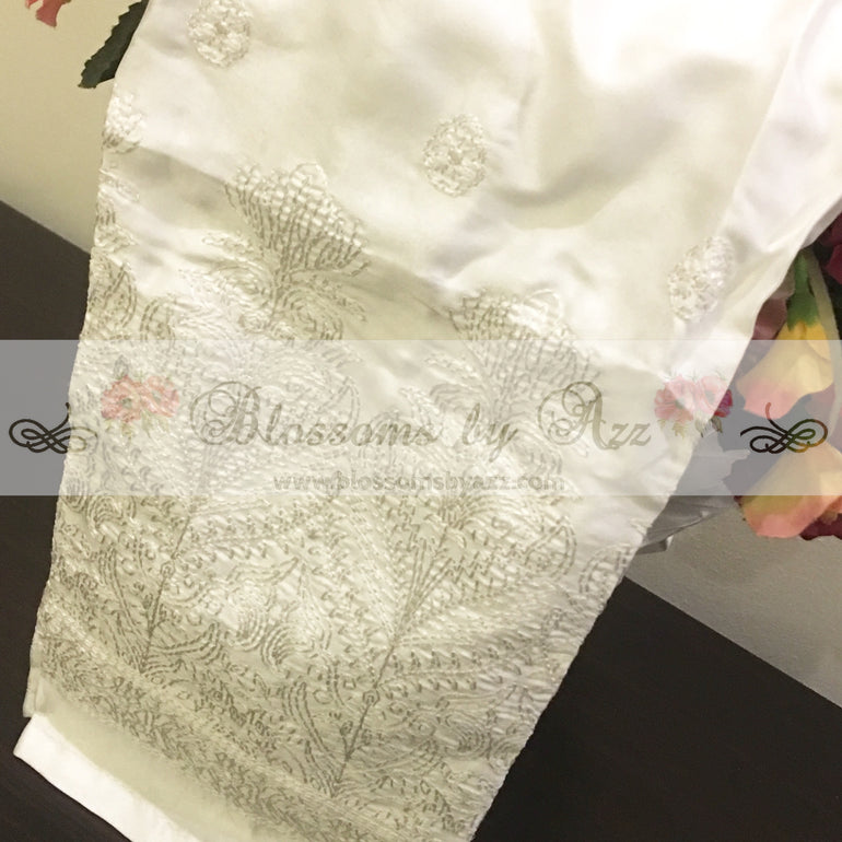 Straight Pants - White - Embroidered Silk - Blossoms by Azz