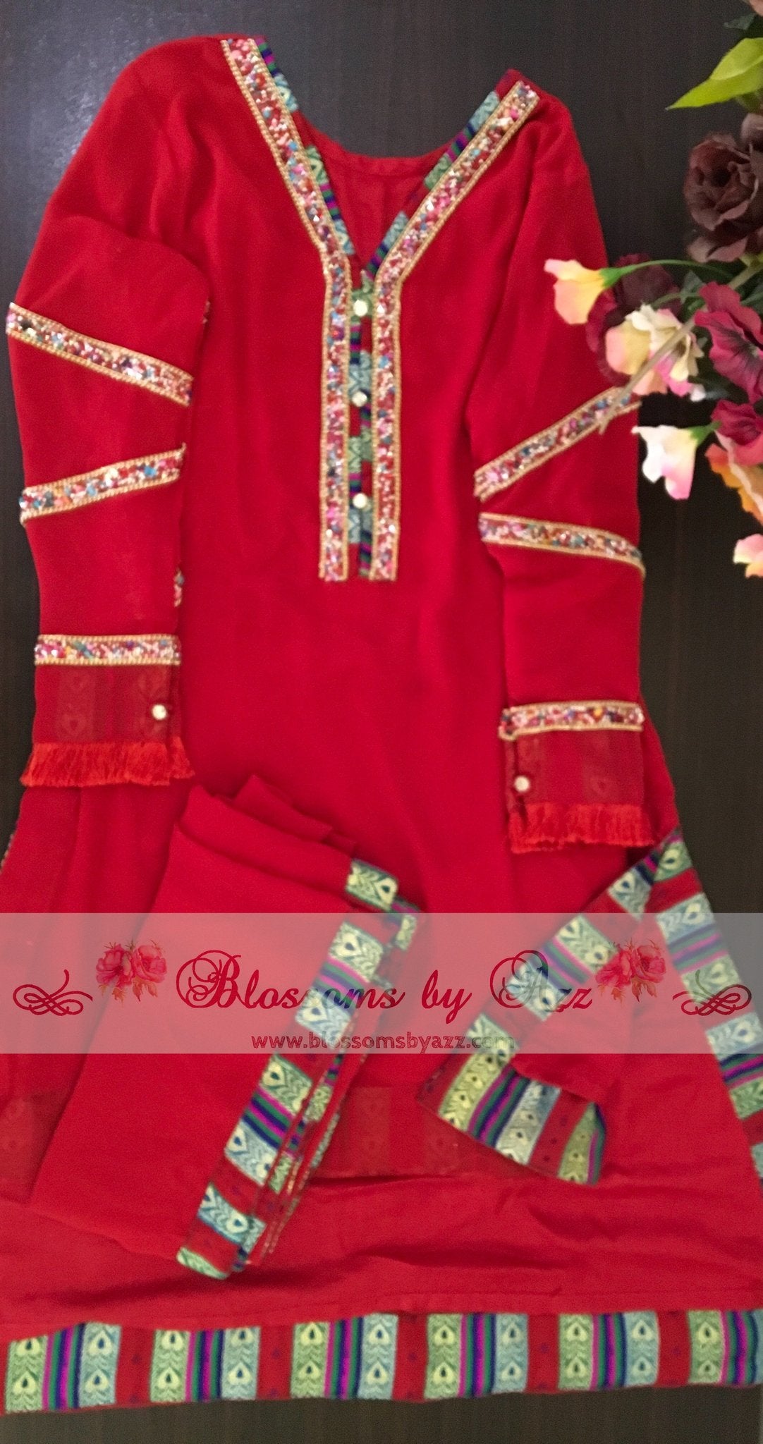 Red Stone Shirt & Dupatta - Blossoms by Azz