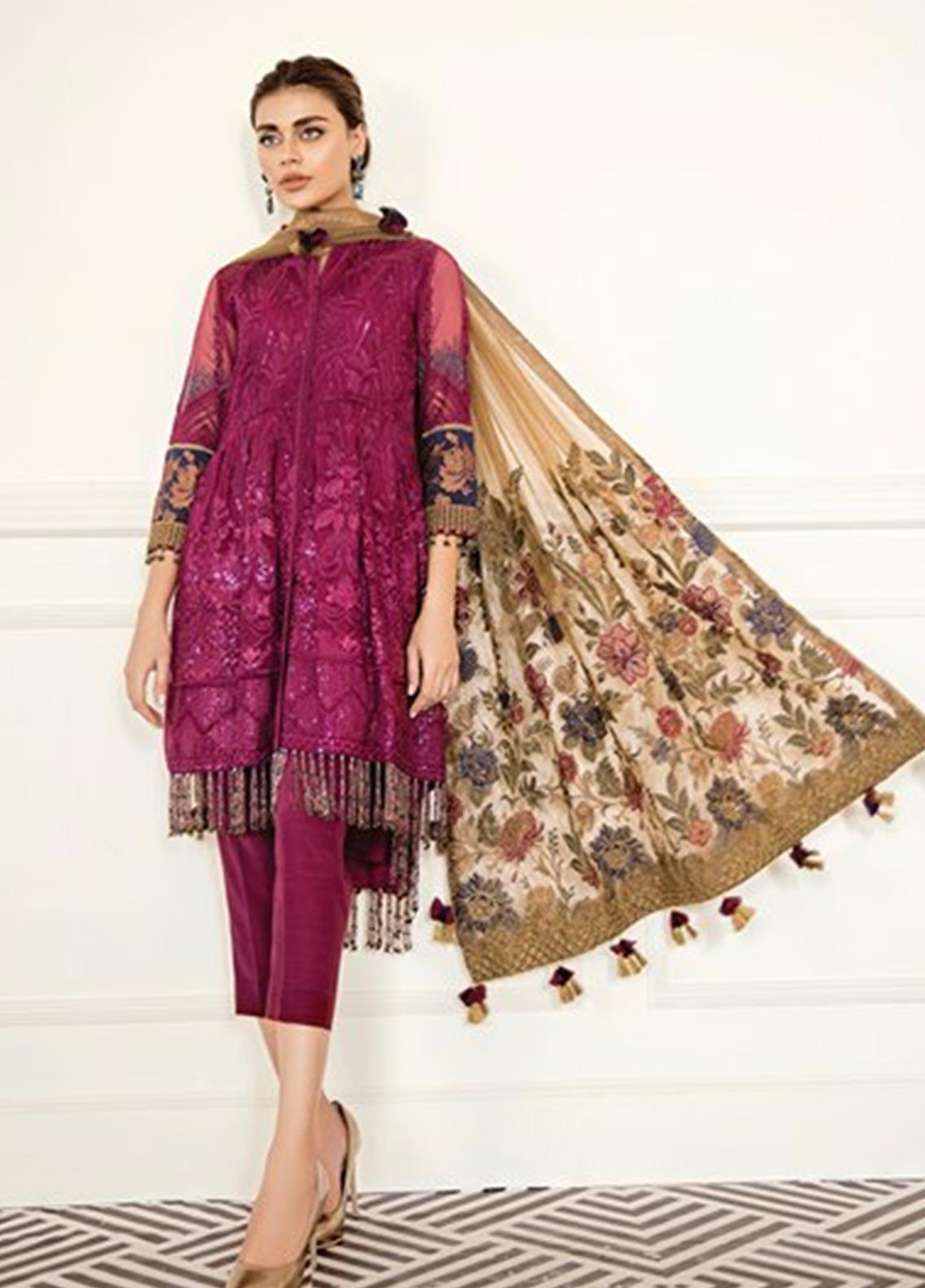 Baroque Embroidered Chiffon Stitched 3 Piece Suit BQ19-C6 01 CERISE - Luxury Collection - Blossoms by Azz