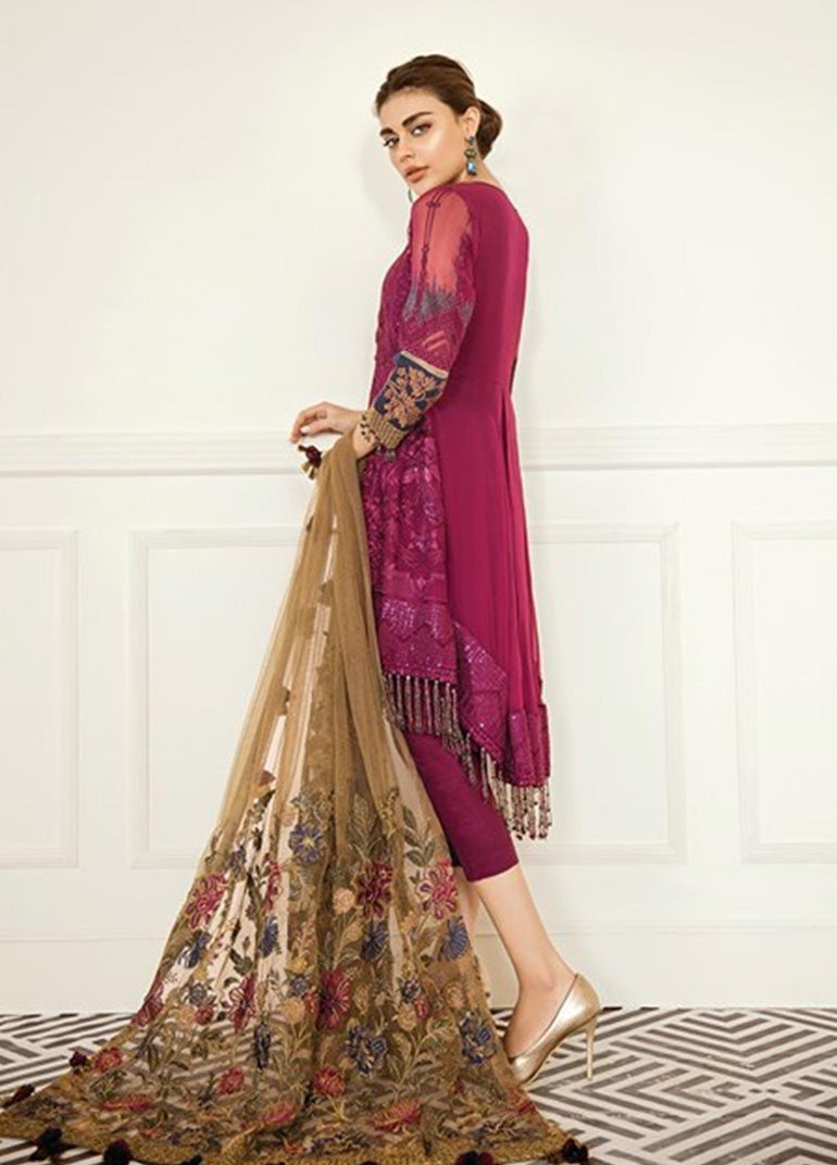 Baroque Embroidered Chiffon Stitched 3 Piece Suit BQ19-C6 01 CERISE - Luxury Collection - Blossoms by Azz