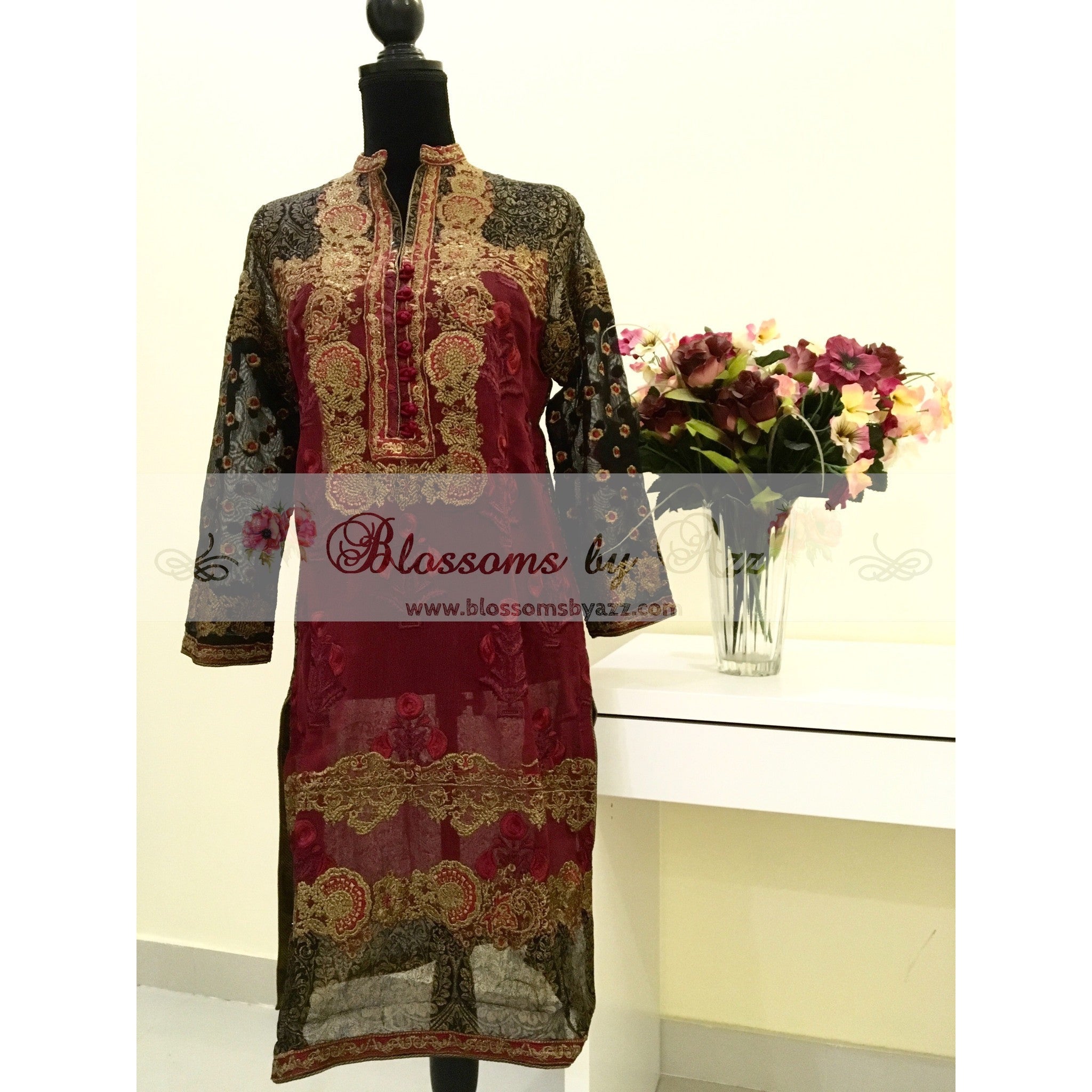 Maroon And Black Embroidered Kurta - Blossoms by Azz
