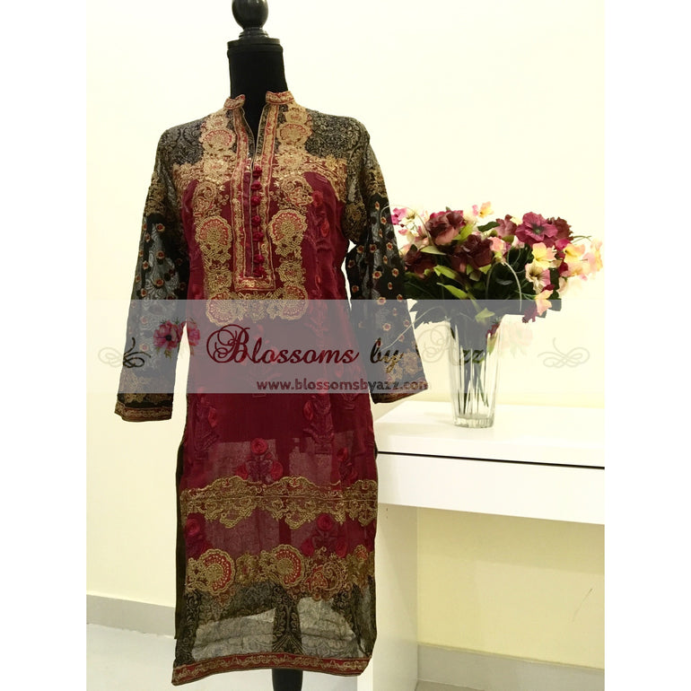 Maroon And Black Embroidered Kurta - Blossoms by Azz