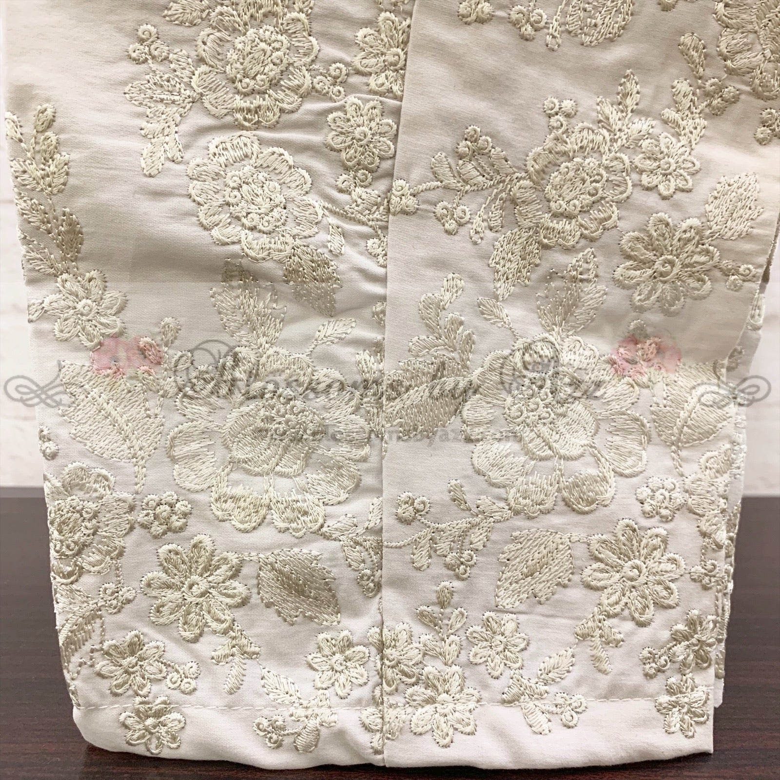 Straight Pants - Beige - Embroidered Cotton - Blossoms by Azz