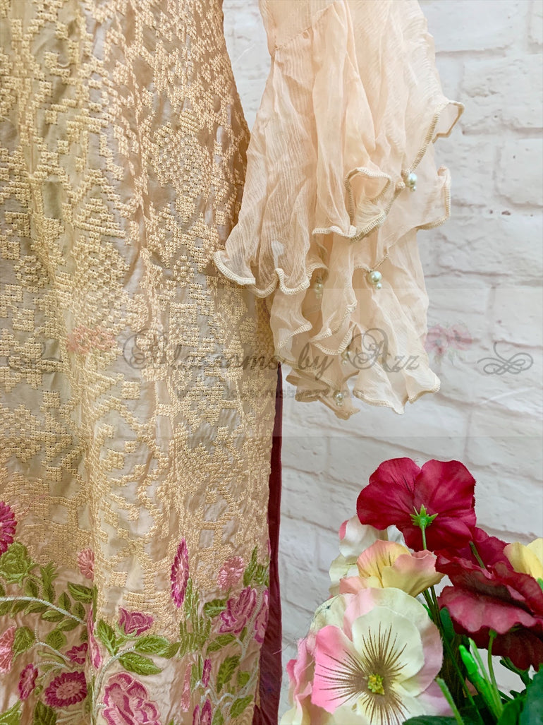 Peach Silk Cross Stitch Embroidered Shirt - Blossoms by Azz