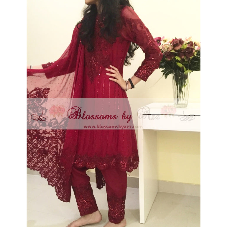 Red Embroidered Pure Chiffon Suit - Blossoms by Azz