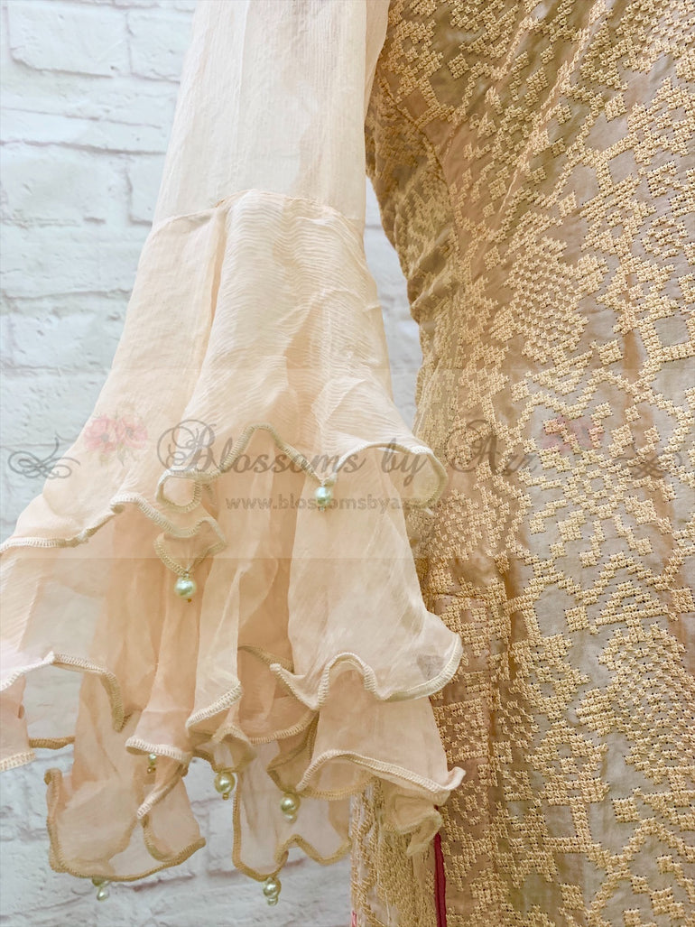 Peach Silk Cross Stitch Embroidered Shirt - Blossoms by Azz