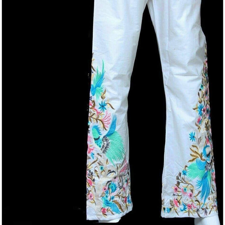 White Raw Silk Embroidered Pants - Blossoms by Azz