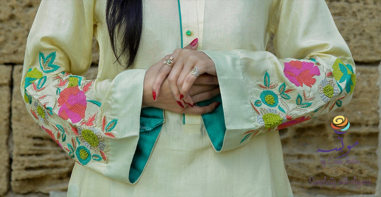 Lemon Cotton Silk Kurti With Zari & Thread Work - Blossoms by Azz