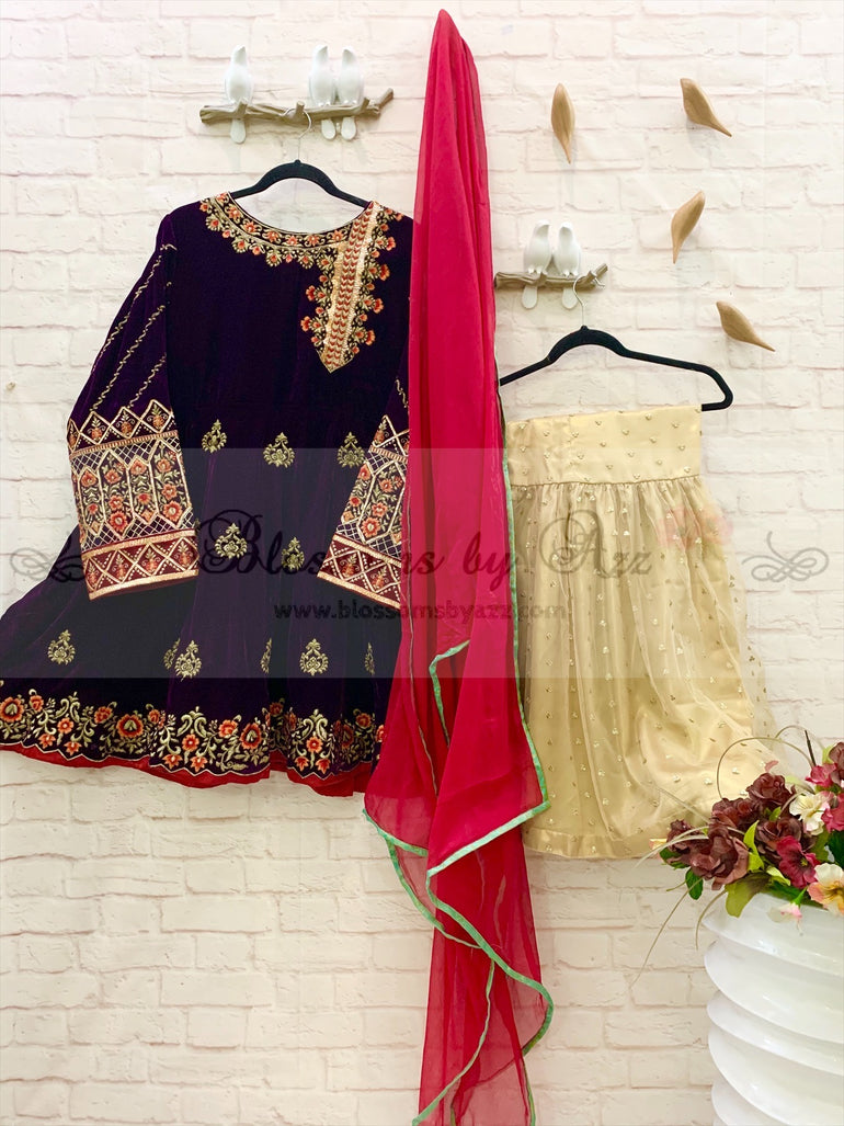 Embroidered Velvet Peplum with Gharara Outfit - Blossoms by Azz
