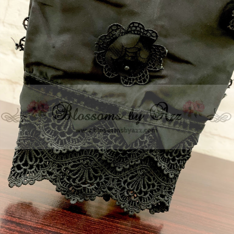 Straight Pants - Black - Embroidered Silk with 3 D Flowers - Blossoms by Azz