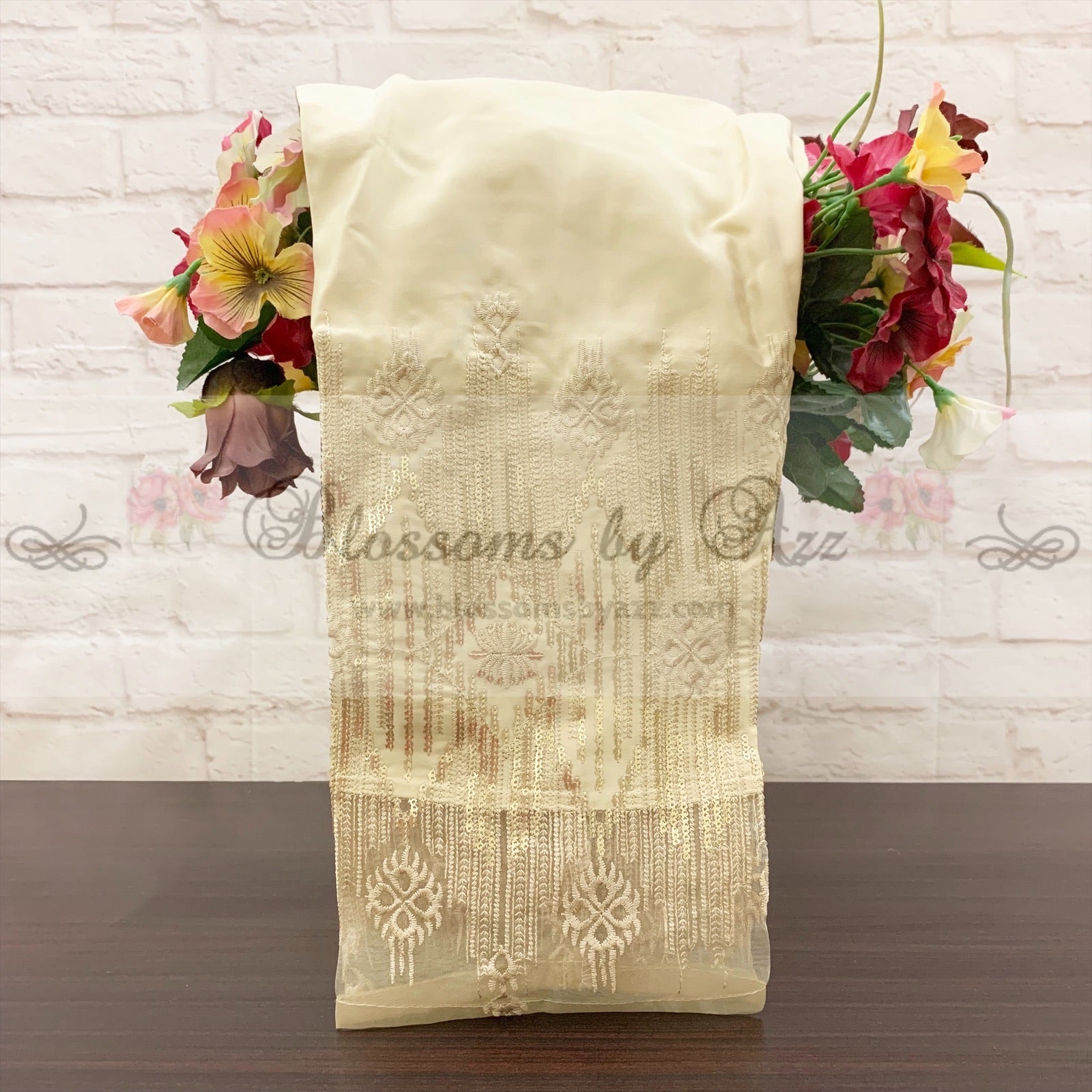 Straight Pants - Golden- Embroidered Silk - Blossoms by Azz