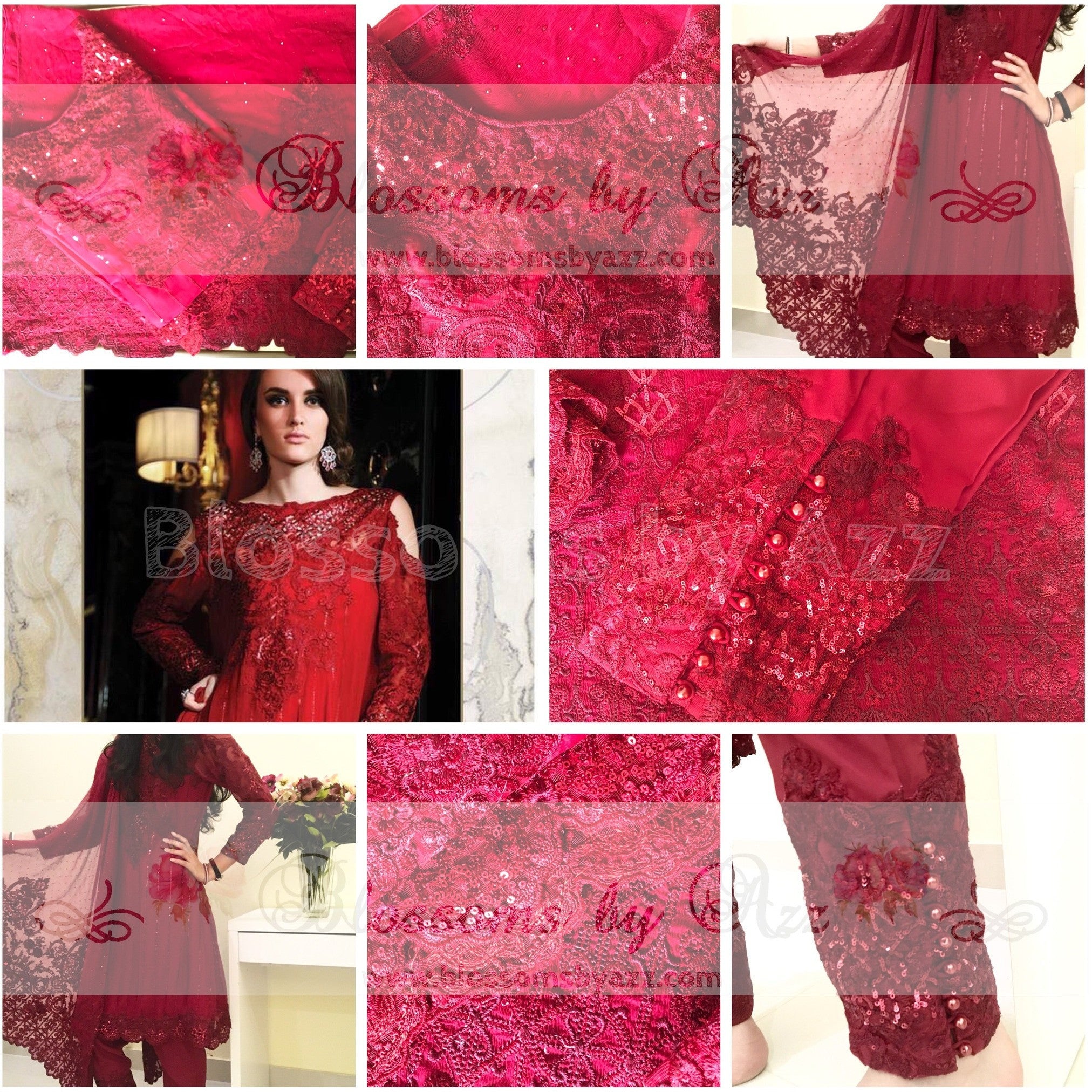 Red Embroidered Pure Chiffon Suit - Blossoms by Azz