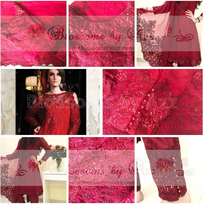 Red Embroidered Pure Chiffon Suit - Blossoms by Azz