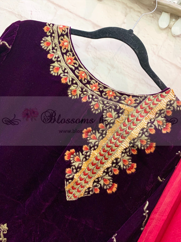 Embroidered Velvet Peplum with Gharara Outfit - Blossoms by Azz