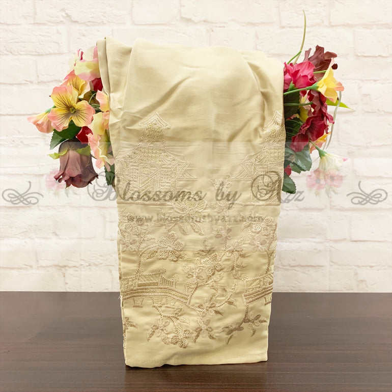 Straight Pants - Golden- Embroidered Silk - Blossoms by Azz