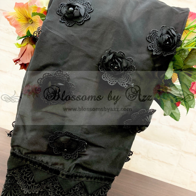 Straight Pants - Black - Embroidered Silk with 3 D Flowers - Blossoms by Azz