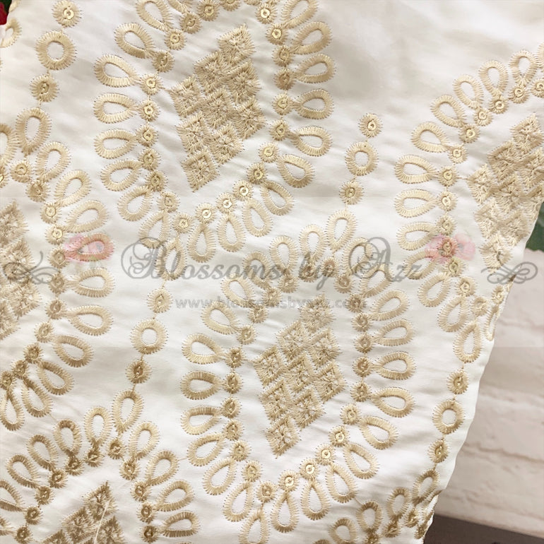 Straight Pants - Off White - Embroidered Silk - Blossoms by Azz