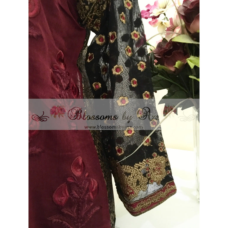 Maroon And Black Embroidered Kurta - Blossoms by Azz