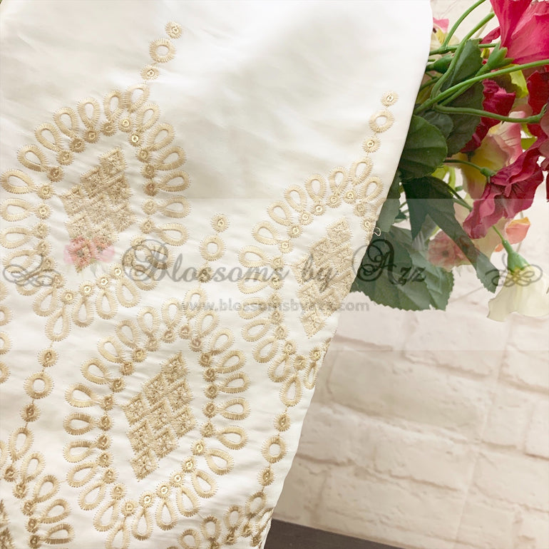 Straight Pants - Off White - Embroidered Silk - Blossoms by Azz