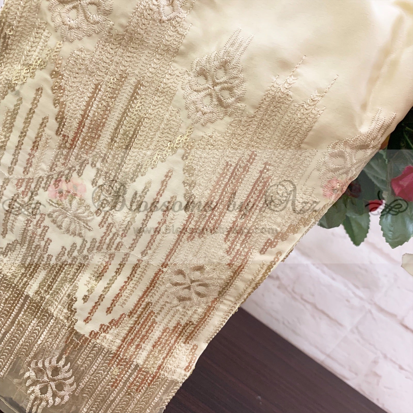Straight Pants - Golden- Embroidered Silk - Blossoms by Azz