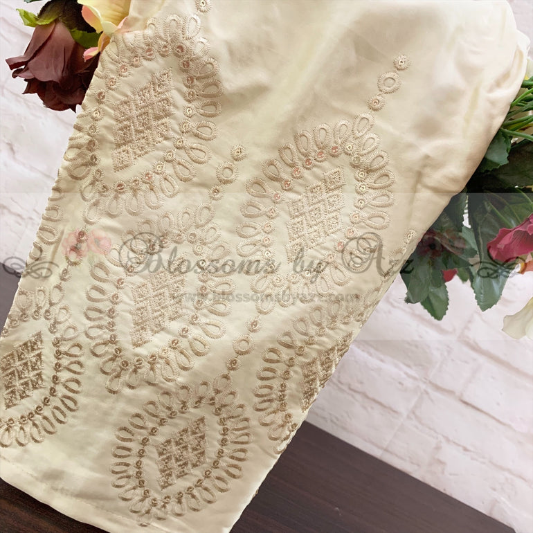 Straight Pants - Golden- Embroidered Silk - Blossoms by Azz
