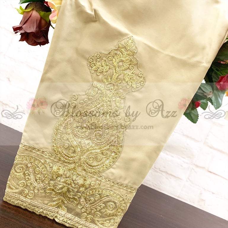 Straight Pants - Golden- Embroidered Silk - Blossoms by Azz