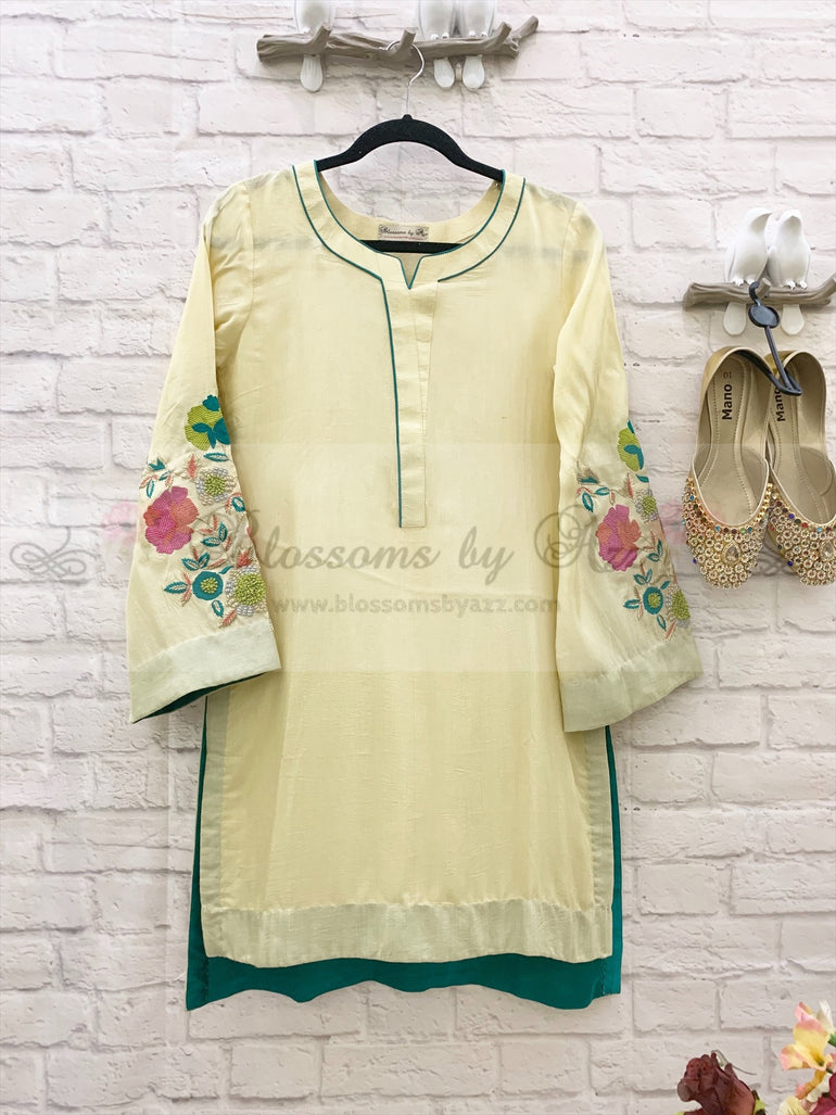 Lemon Cotton Silk Kurti With Zari & Thread Work - Blossoms by Azz