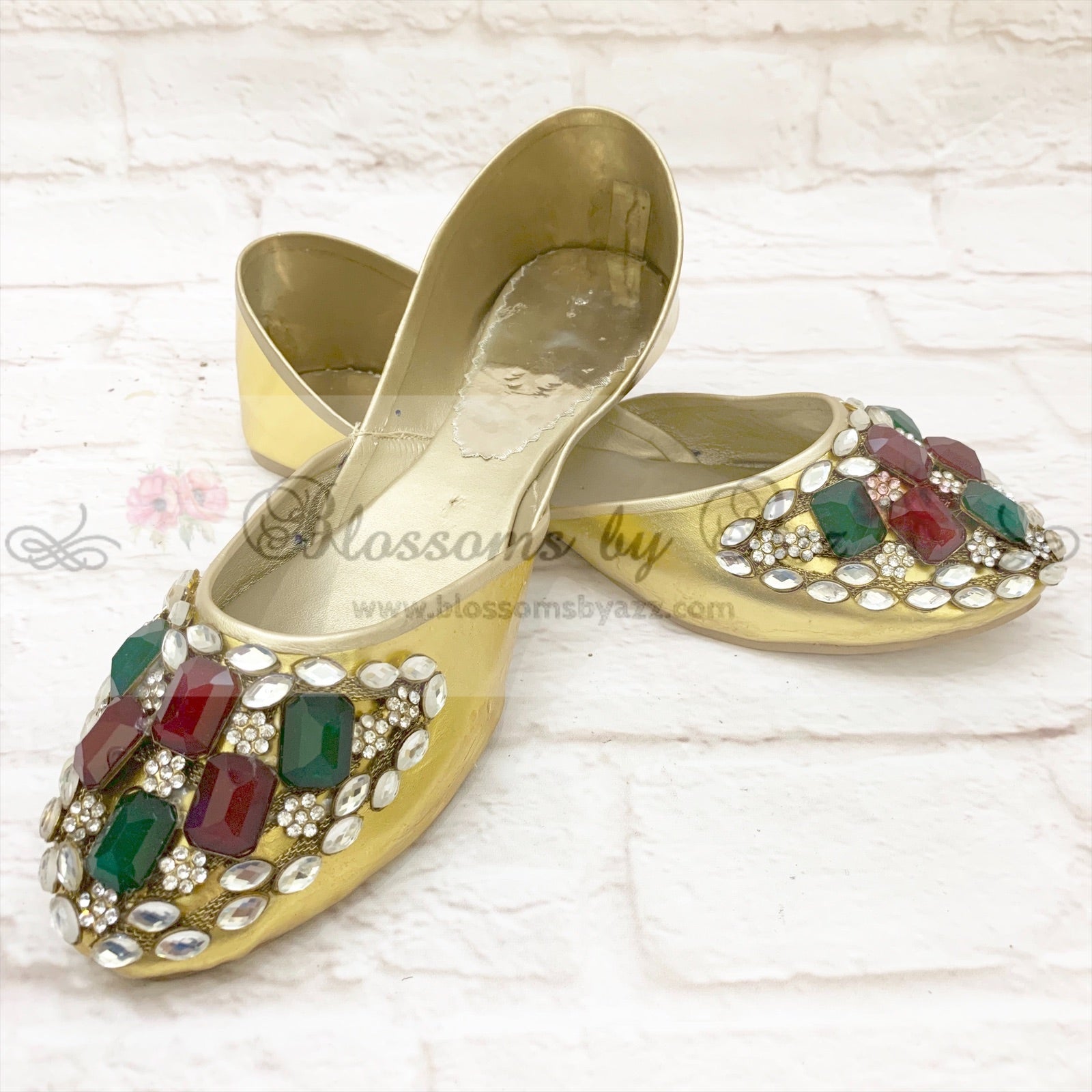 Stone Pumps (Khussa) - 001- Red & Green - Blossoms by Azz