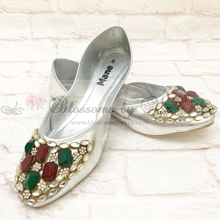 Stone Pumps (Khussa) - 008- Silver - Blossoms by Azz